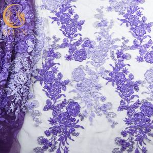 Quality OEM Handwork Purple Beaded French Lace Fabric Embroidered wholesale