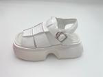 Women white sandals with thick soled and metal button genuine leather
