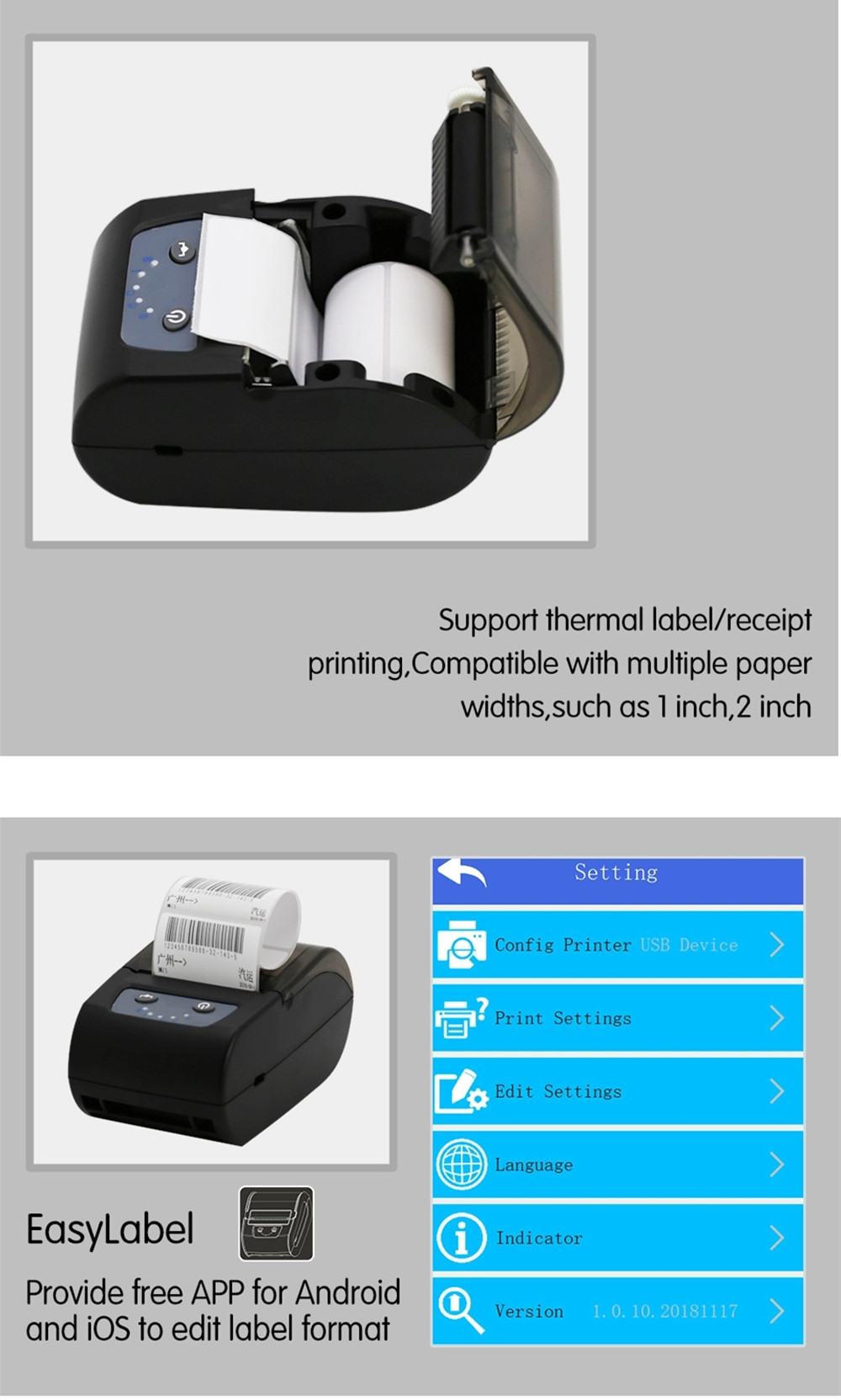 58mm Thermal barcode printer Qr code label printer receipt printer with bluetooth