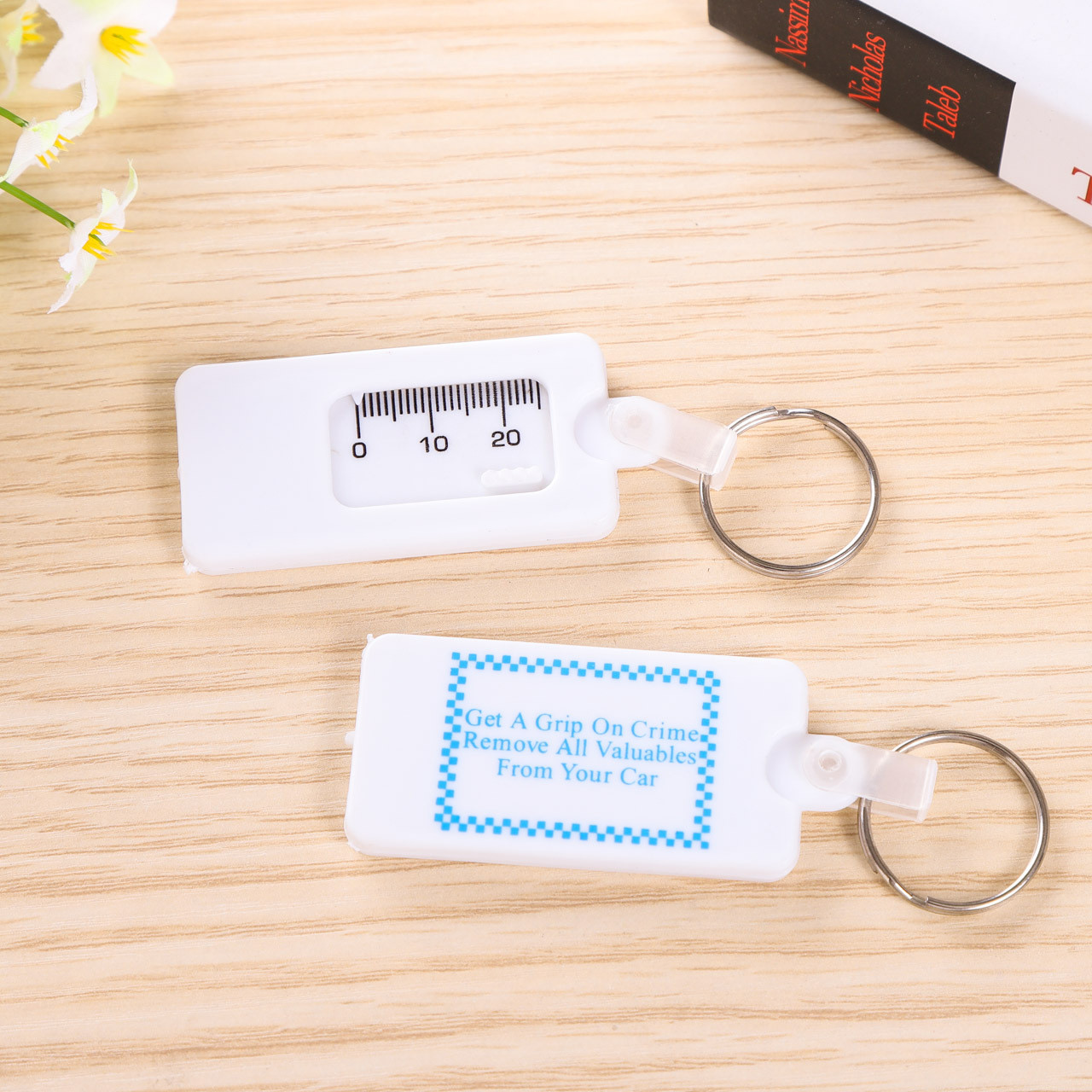 white plastic tire pattern depth gauge 60×30×5mm depth 0-20mm logo customized keychain