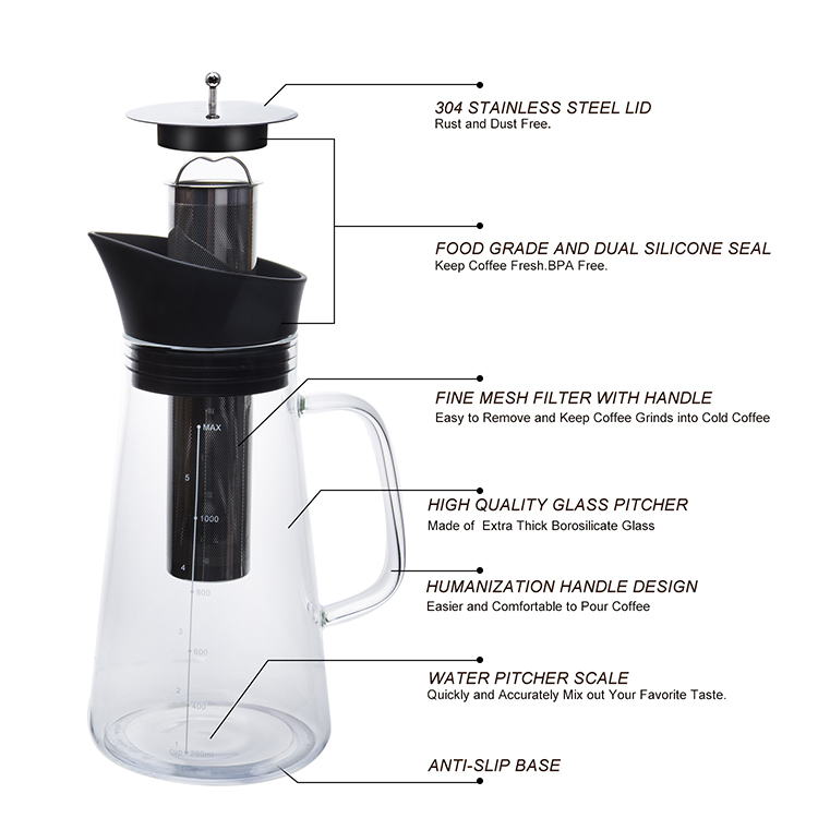 700ml Clear Cold Brew Iced Coffee Maker With Stainless Steel Filter