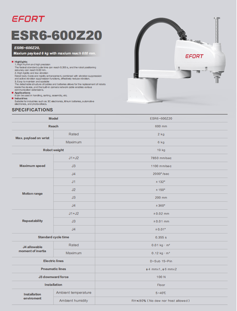 SCARA Robot In Handling Sorting Assembling For 3C Electronics Lithium Batteries Auto Electronics Photovolta ESR6-600Z20