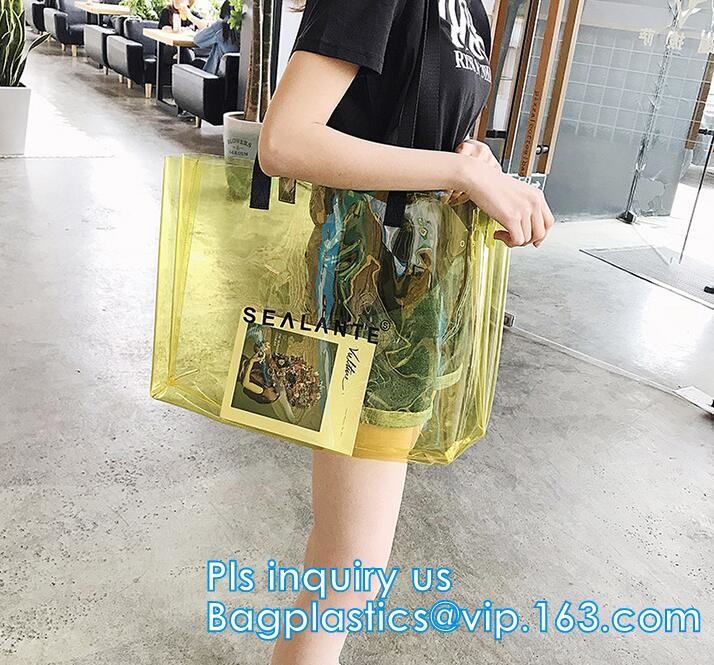 Semi-clear Tote Bags Stripe PVC Shoulder Bag with Pouch, PVC PU Trendy Handbag Shoulder Bag Beach Bag, PVC shoulder bag