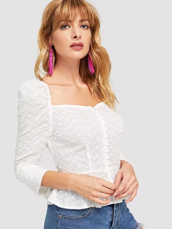 Cotton White Embroidered Button Up Puff Sleeve Women Blouses 2018 New Designs