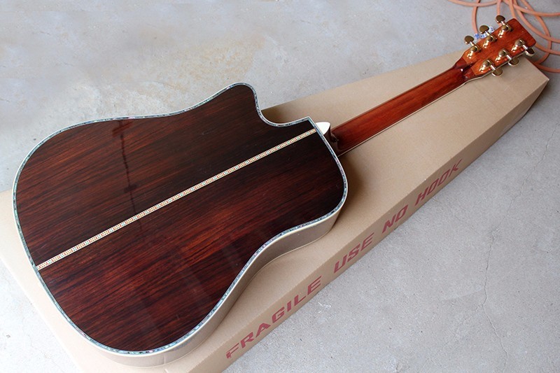 Custom 41'' 20 frets 45 cutaway body Acoustic Guitar with solid top,golden tuners,colorful pearl binding,rosewood back