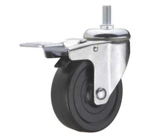 Quality medium duty 4&quot; threaded stem black rubber caster with brake, screw soft rubber castor brake wholesale