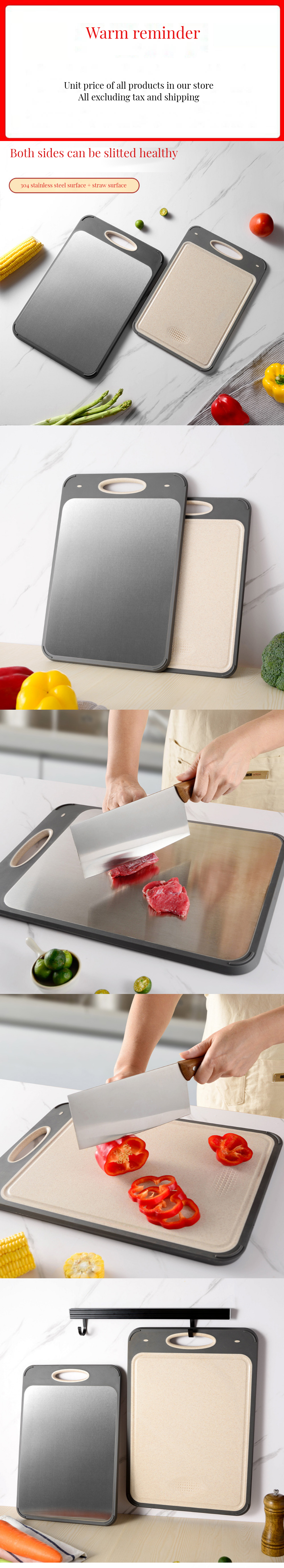 304 Stainless Steel Cutting Board Eco-friendly Bamboo Square Design Anti-Mold Plastic Frame