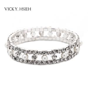 Quality VICKY.HSIEH Silver Tone Glamour Crystal Rhinestone Wedding Bridal Social Stretch Bracelet with Faux Pearl wholesale