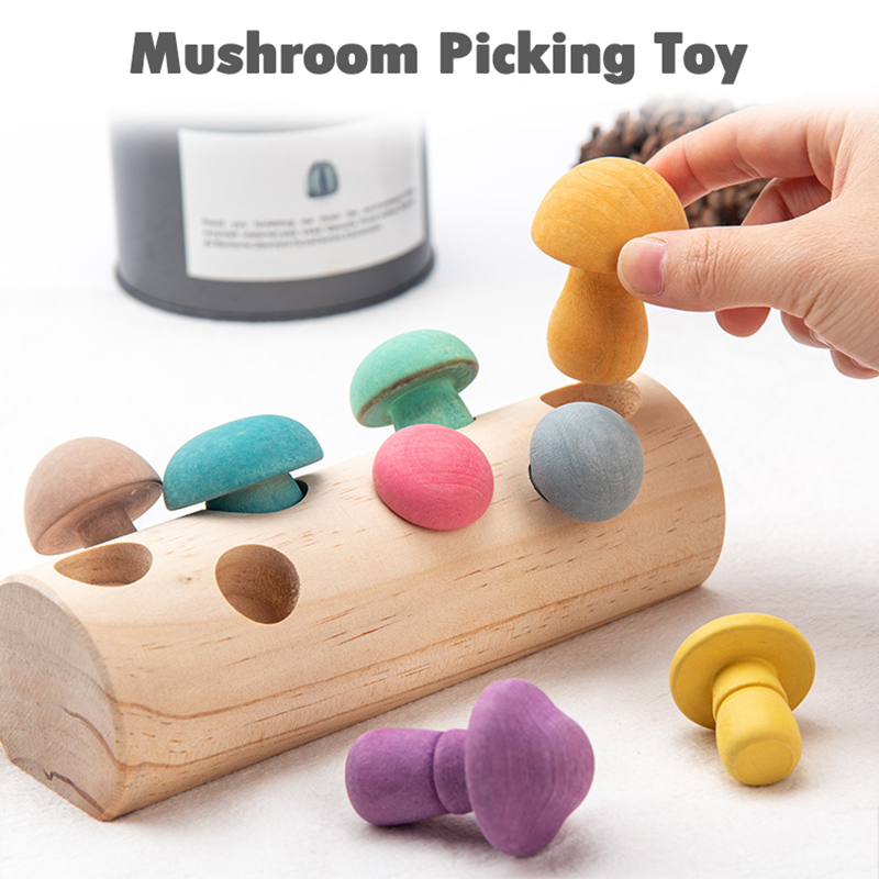 Mushroom Picking Game Rainbow Block Toy Montessori Educational Wooden Baby Toys
