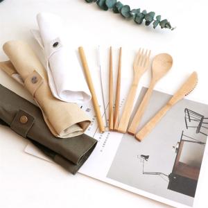 Quality Travel Organic Bamboo Spoon Fork Chopsticks Flatware Utensil Cutlery Set In Pouch wholesale
