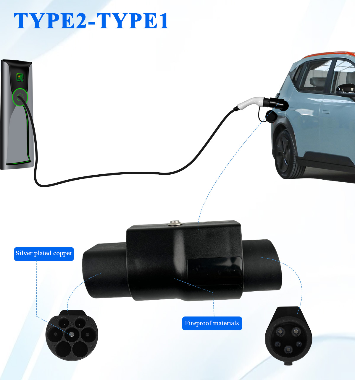 7kw Type2 to Type1/J1772 EV Connector 32A Charging Pile Converter 220V Gun Head Adapter Electric Vehicle Connector Solution