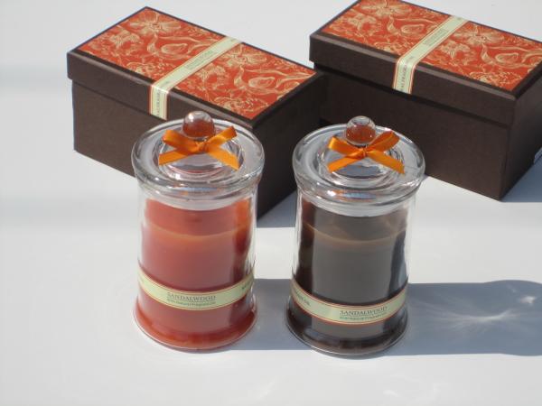 Orange & Brown scented glass jar candle with printed label,ribbon decor packed