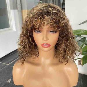 Quality OEM Water Wave Glueless Short Human Hair Wigs Bang Bob Highlight Frontal Wig wholesale