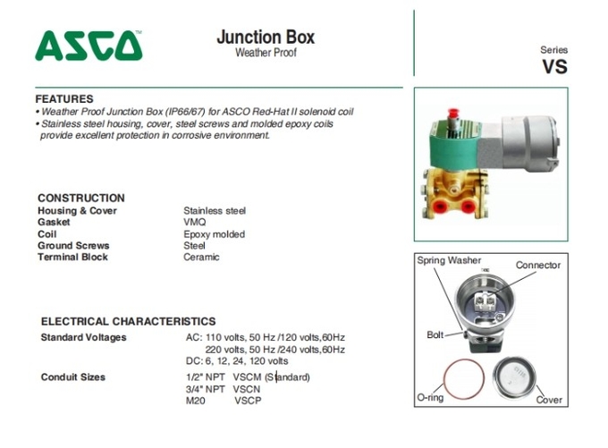 2 Position 5 Way Stainless Steel Solenoid Asco Valve VSCP8551G309MO