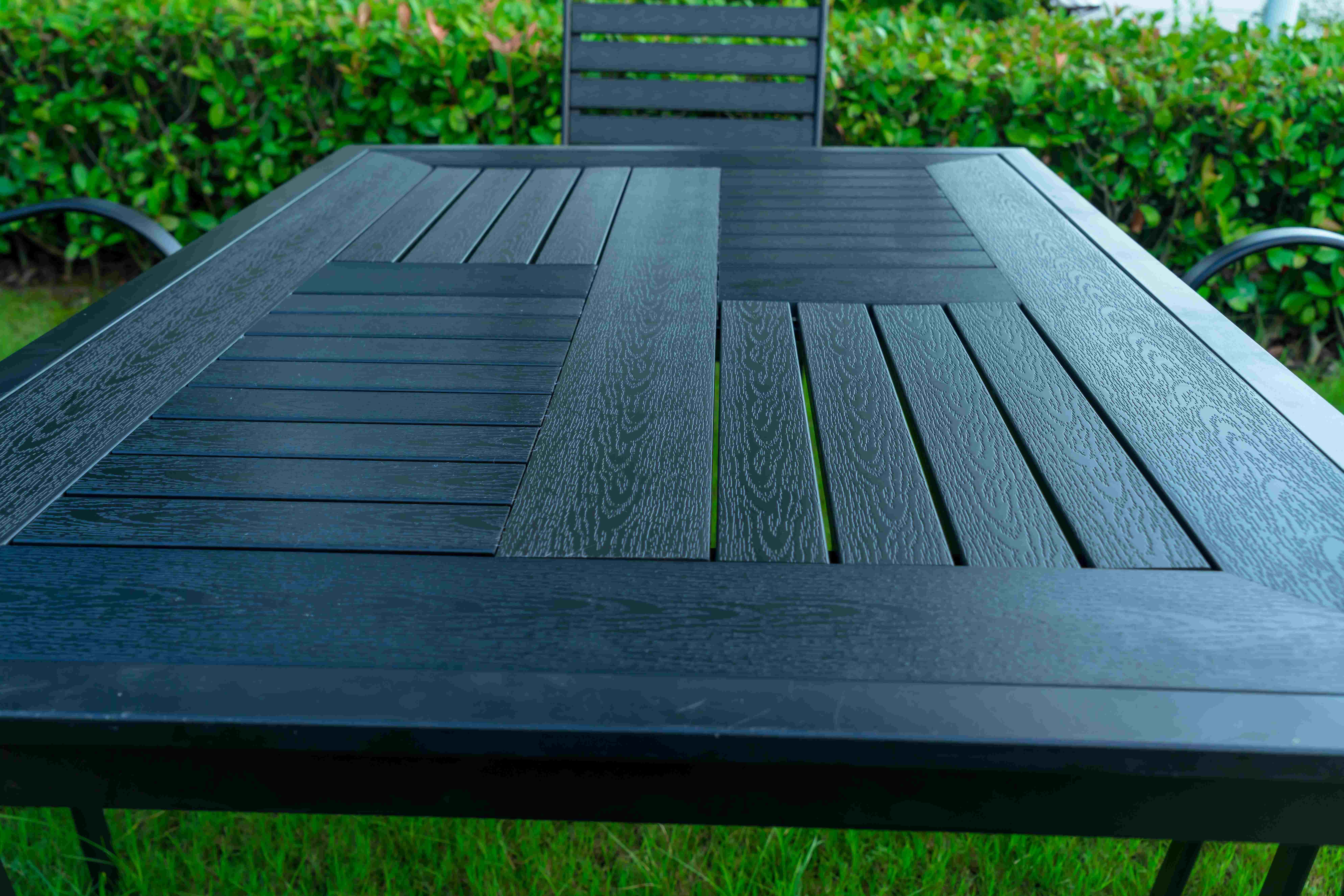 9 Pieces Black Plastic Wood Modern Outdoor Garden Furniture Table Set 8-10 Seater Extendable Patio Dining Table Chairs