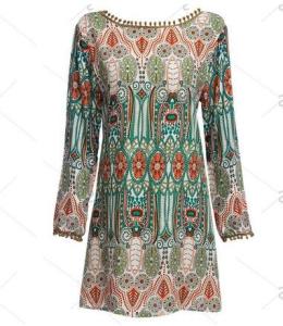 Quality Ethnic Style Round Collar Tribal Print Tassel Women polyester Dress wholesale