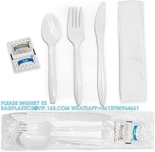 Individually Wrapped Plastic Cutlery Set With Napkin + Salt & Pepper Packets In