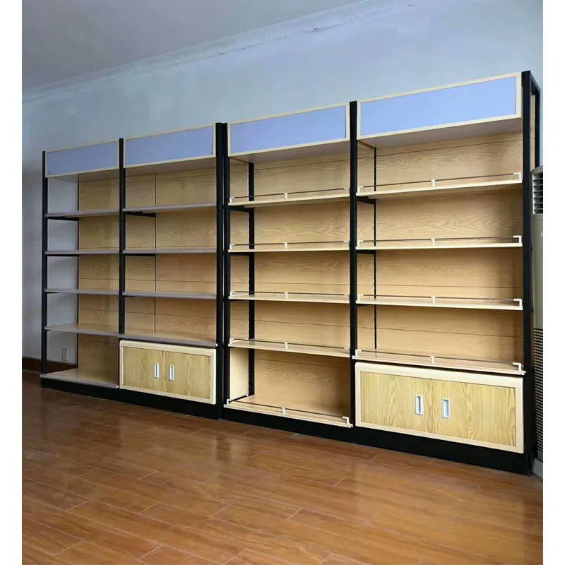 Heavy Duty Wood Gondola Shelving Supermarket Metallic Display Racks
