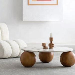 Quality Round Marble Topped Pedestal Coffee Table Marble Plate Wooden Ball Base wholesale