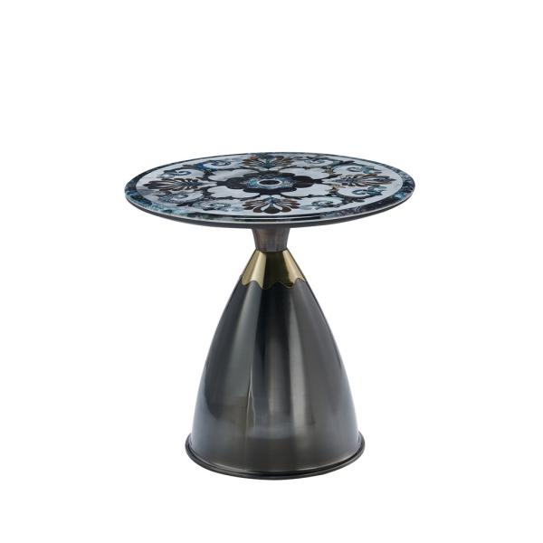 Modern light luxury round living room black marble look glass top metal base