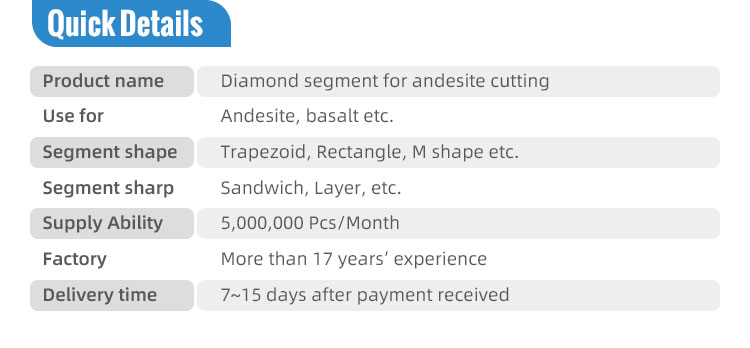 24*9*15mm Diamond Andesite Segment for Basalt Stone Cutting in Mexico and Indonesia