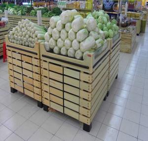Quality Bottomless Wooden Retail Display Shelves / Fruit Vegetable Wooden Shop Shelving For Store wholesale