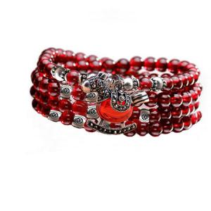 Quality 5mm Round Genuine Garnet Beads Bracelet with 925 Silver Marcasite Horse Garnet Charm (B120706) wholesale
