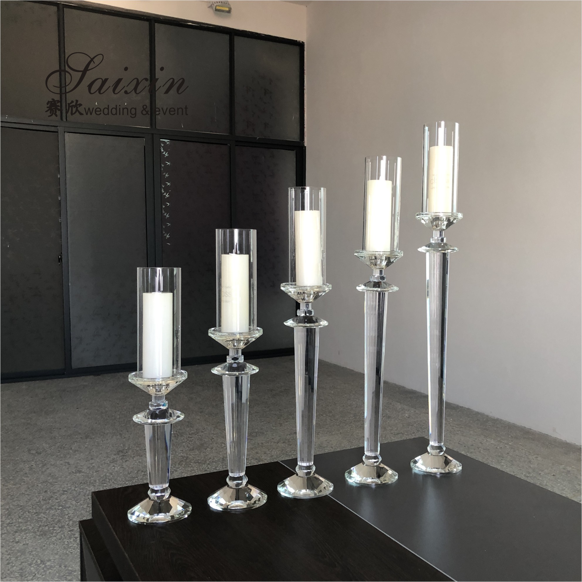 Saixin Wholesale luxury 3 pieces single crystal candle holders for wedding decor