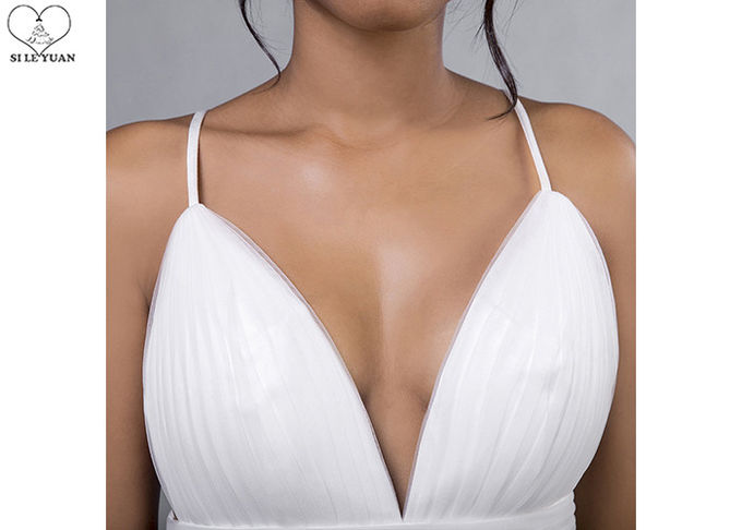 Tulle Simple A Line Wedding Dresses Straps Deep V Neck Backless Pleating Zipper
