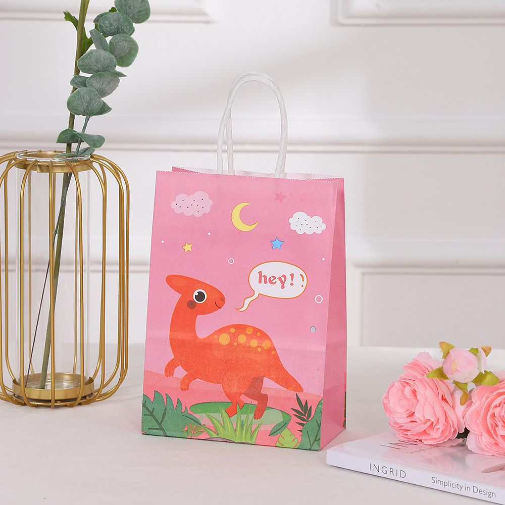 Brown Kraft Paper Dinosaur Hand Printed Cartoon Shopping Bag for Clothing in Shopping Mall
