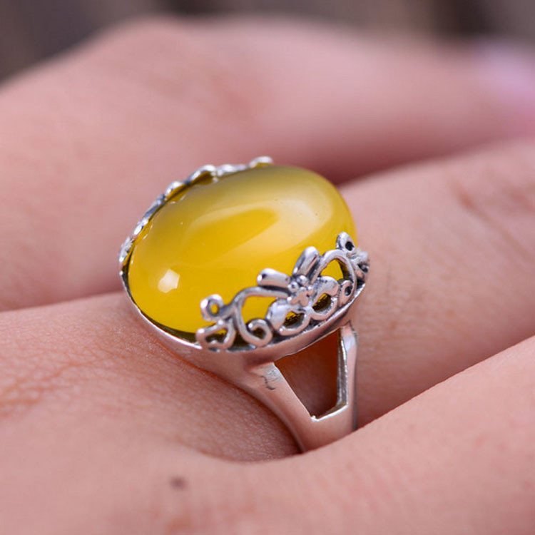 Sterling Silver Ring with Yellow Chalcedony Women Vintage Ring (XH049190W)