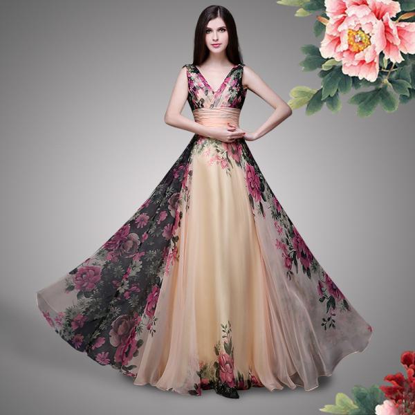 Double Shoulder Straps Rose Print Flower Bridesmaid Dress Chiffon Bridesmaid