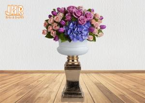 Quality Glossy White Fiberglass Flower Pot With Gold Leaf Pedestal Floor Vases wholesale