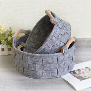 Quality 3 Pack Beige 3mm Woven Felt Baskets With Wooden Handles Storage Box wholesale