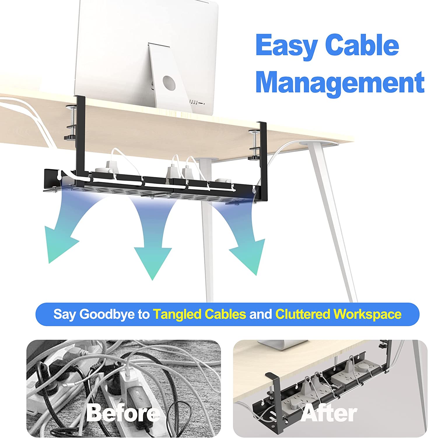 Sturdy Iron Wire Cable Tray for Under Desk Cord Management Adjustable Cable Organizer