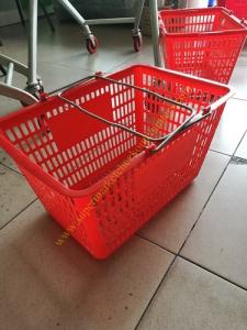 Quality Red Flexible Used Plastic Shopping Baskets With Curved Metal Handles / Grip Hand wholesale