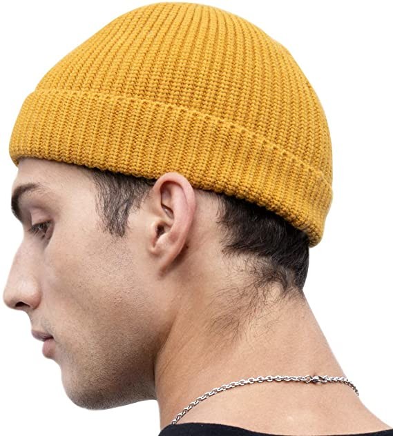 Yellow Acrylic Plain Knit Beanie Hats With Short Brim Adult Size