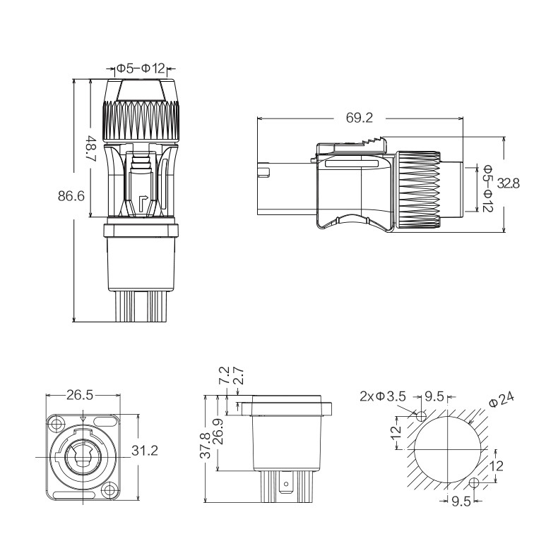 High Quality PBT Material Audio and Lighting Circular Power Connector