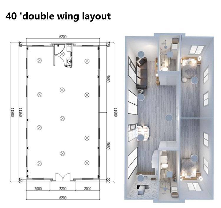 40ft Double-Wing Expansion Container House with Design and EPS Sandwich Panel Roof
