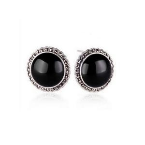 Quality Thai Silver Jewelry 18mm Black Onyx with Marcasite Vintage Earrings (E11066) wholesale
