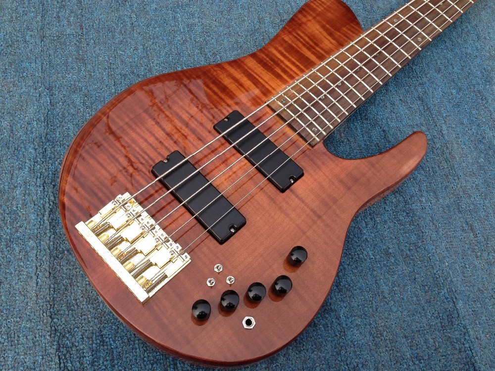 High End Flamed Maple Top Neck Through Body 5 strings gold Hardware Bass Guitar Guitarra custom bass guitar bass