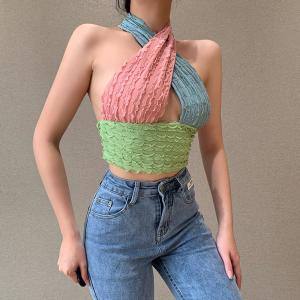 Quality High Stretchy Waistless V Neck Halter Vest Crop Top wholesale