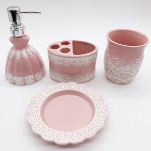 Quality Pink Lace Dress Ceramic Bathroom Set / Soap Lotion Dispenser Set Dish Brush Holder wholesale