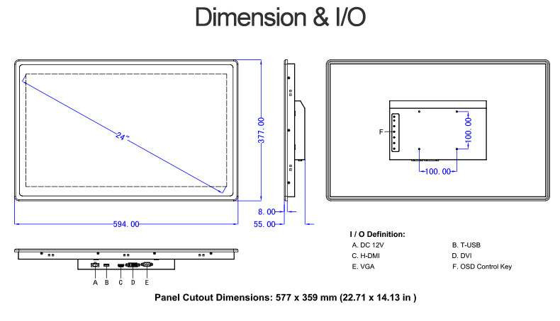 VESA SUS304 PCAP Touch Screen Monitor 1920×1080 250cd/M2 FHD LED