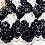 Embroidered Black Glitter Lace Fabric French Beaded For Bridal Dress