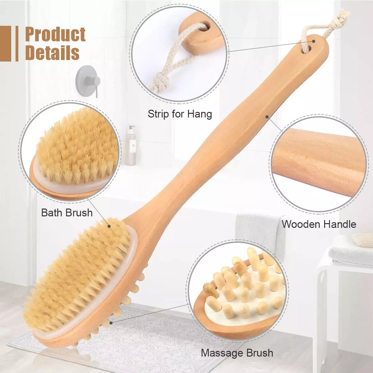 Wooden Long Handle Body Brushes Natural Bristles Brushes