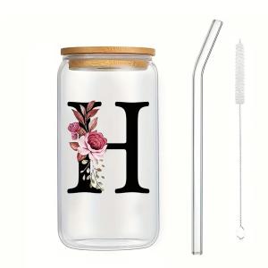 Quality Exquisite Customized Logo 16oz Sublimation Glass Water Bottle Clear Floral Letters Coke Can Glass Cups With Bamboo Lid And Straw 8*15cm wholesale