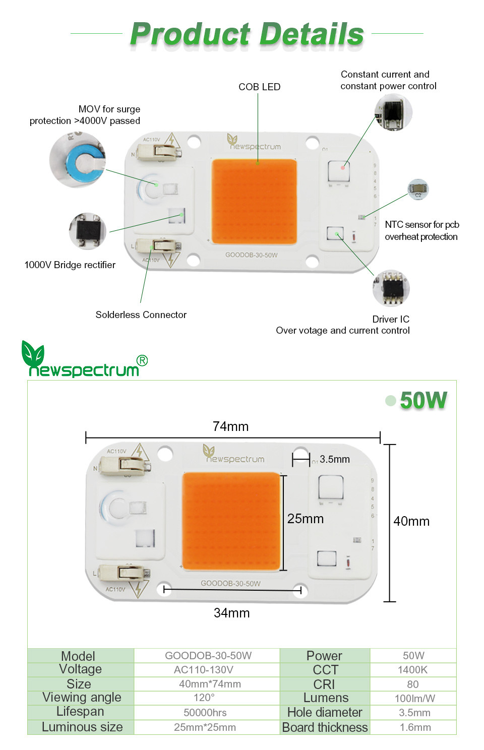 110v 50w AC LED Module COB Chip No Welding Lamp Bead Full Spectrum 380nm-840nm