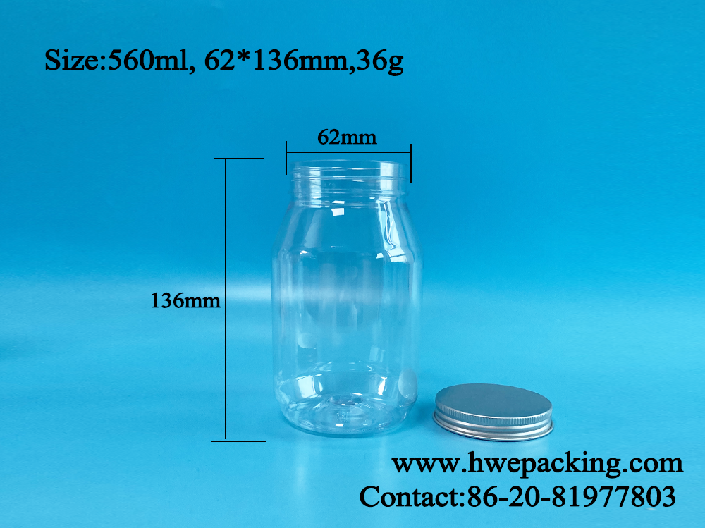 560ml Snacks Mason Plastic Bottle Jar With Aluminum Top 136mm Height