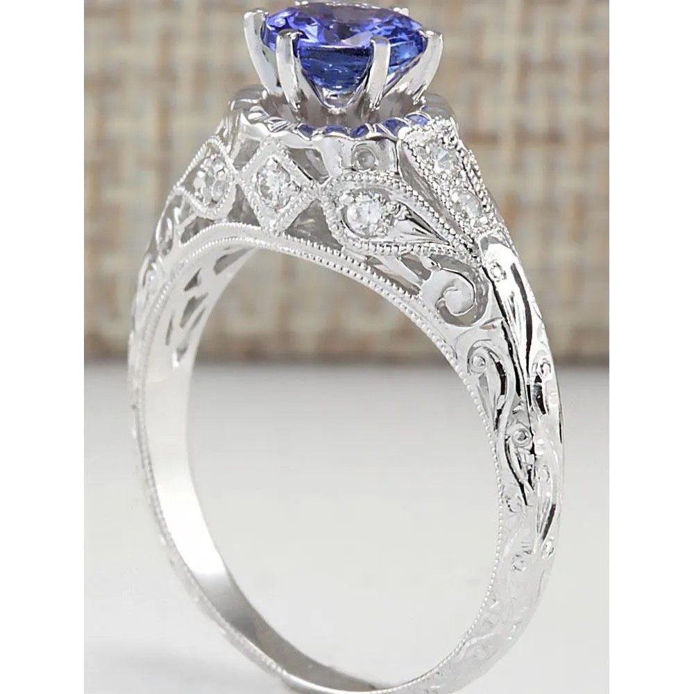 2 ct Cushion Cut Tanzanite Halo Ring in Sterling Silver - Handmade Wedding Ring